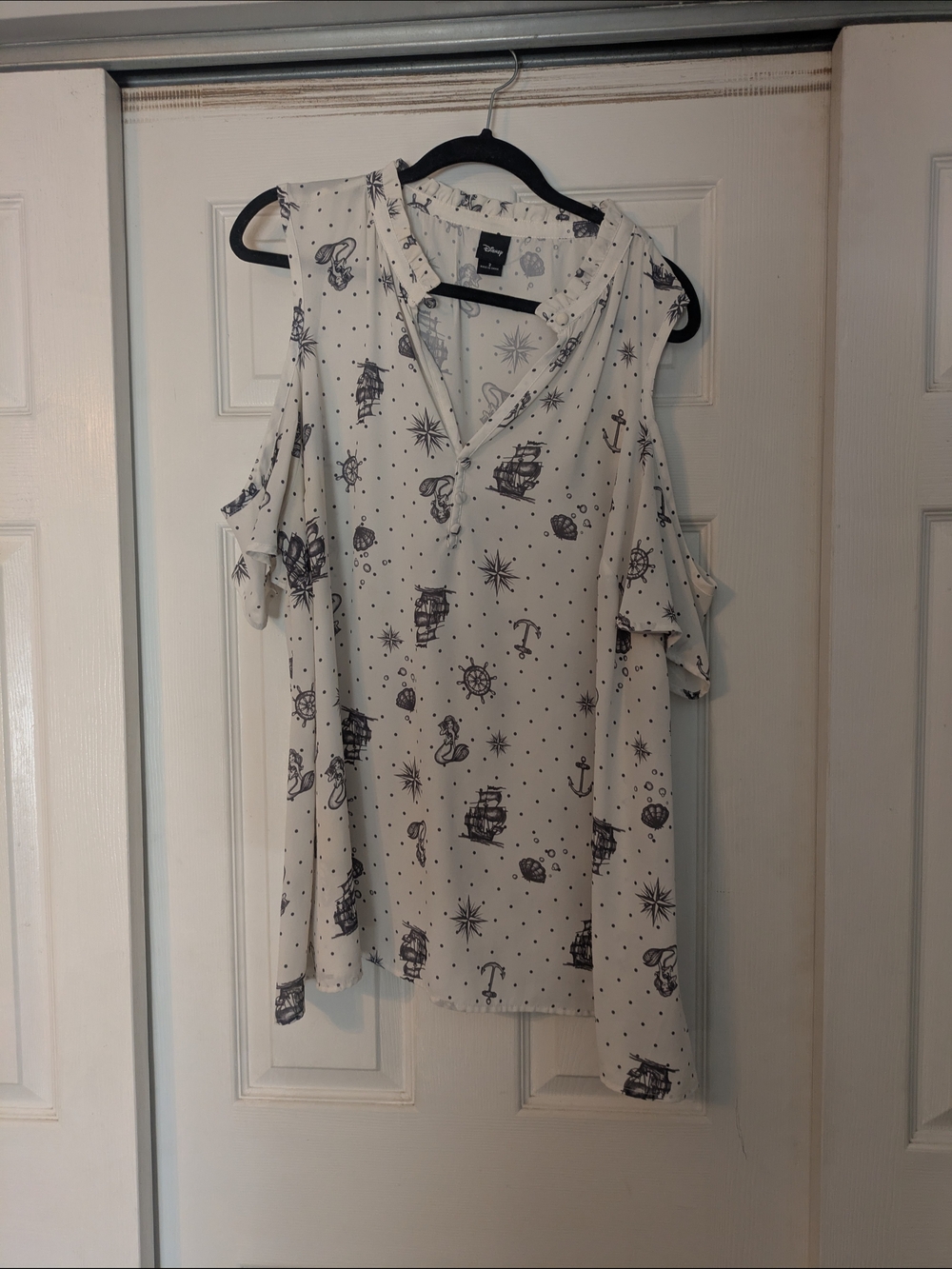 Disney's The Little Mermaid White Cold-Shoulder Nautical Print Blouse - 2Plus